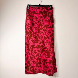 Urban Outfitters brown satin hot pink tropical floral high rise high slit skirt